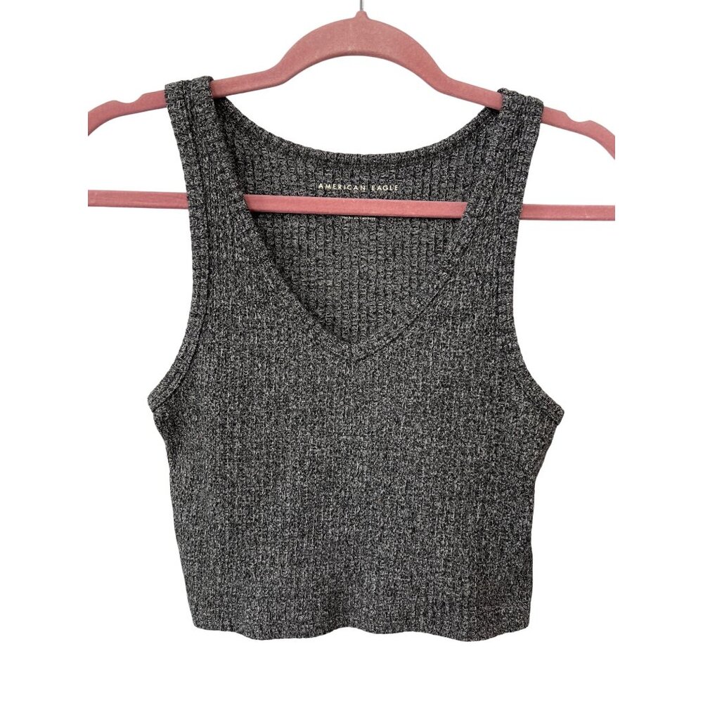 American Eagle Outfitters Ribbed Crop Tank Top Sz Small V Neck Gray Stretch Knit